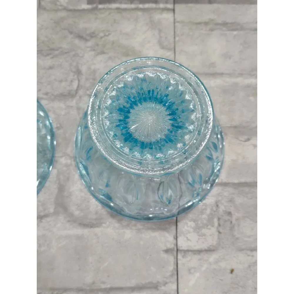 Vintage Lot of 2 Matching Aqua/Turquoise Blue Glass Thumbprint Pedestal Bowl Thu